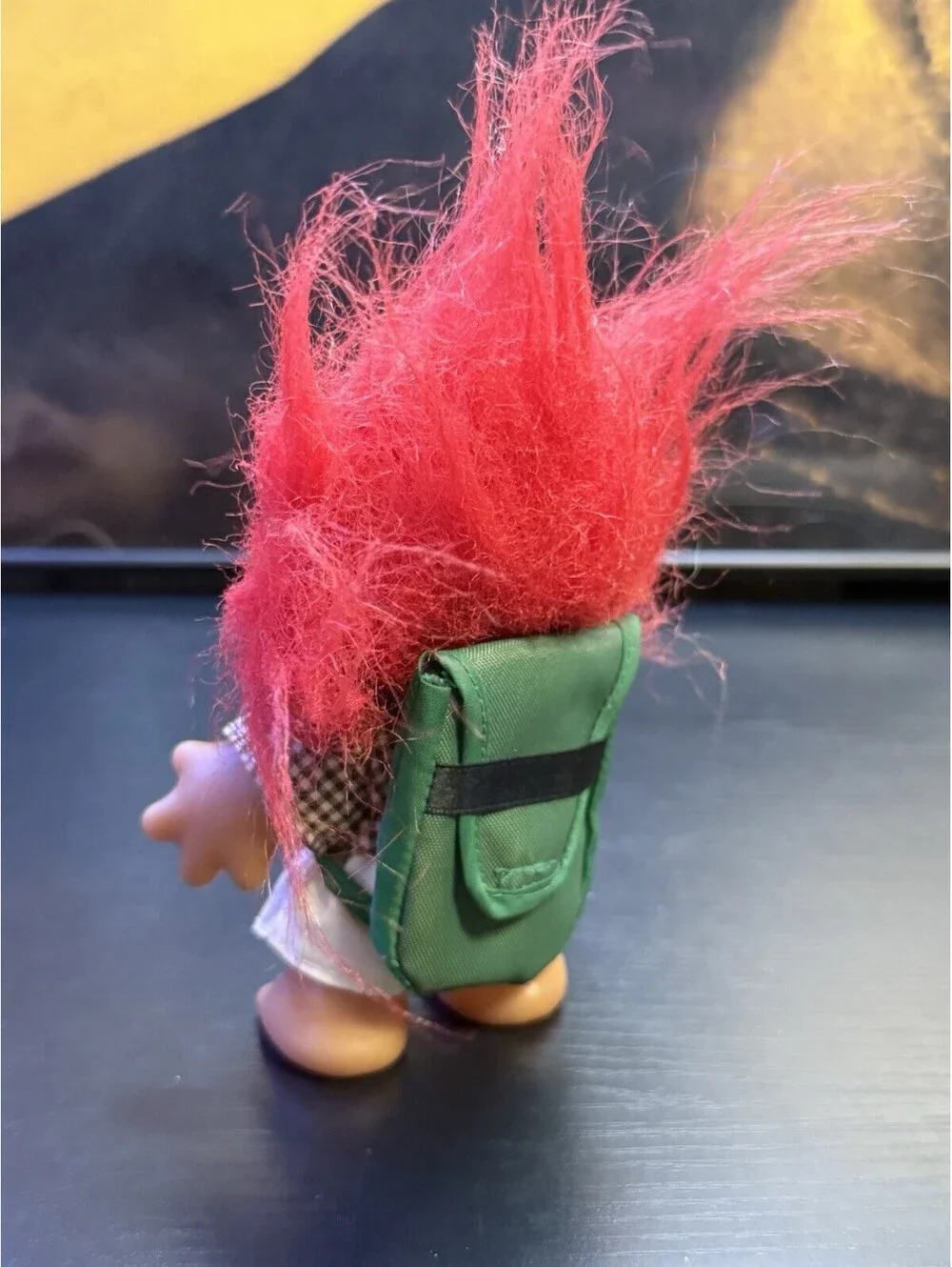 Vintage 1986 DAM Troll Doll Red Hair Hiker Plaid Shirt Green Backpack 5”